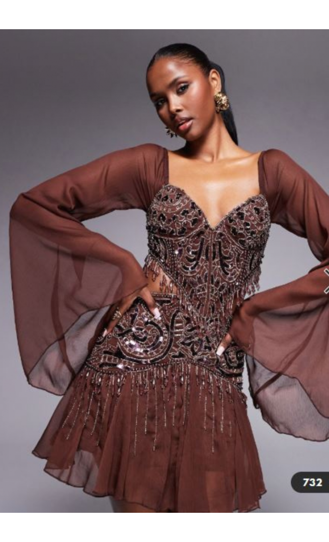 ASOS DESIGN fluted sleeve mini dress with placement embellishment in chocolate
