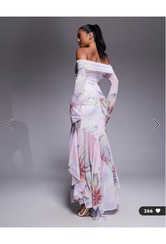 ASOS DESIGN stretch chiffon long sleeve bardot maxi dress with ruffle hem in floral print