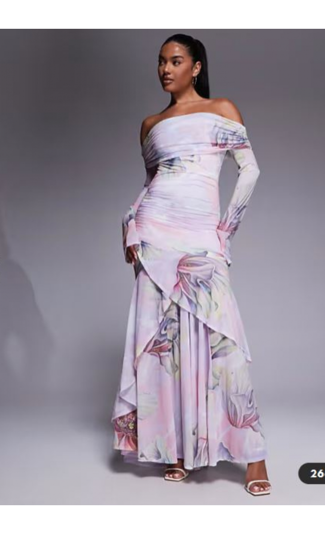 ASOS DESIGN stretch chiffon long sleeve bardot maxi dress with ruffle hem in floral print