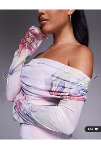 ASOS DESIGN stretch chiffon long sleeve bardot maxi dress with ruffle hem in floral print