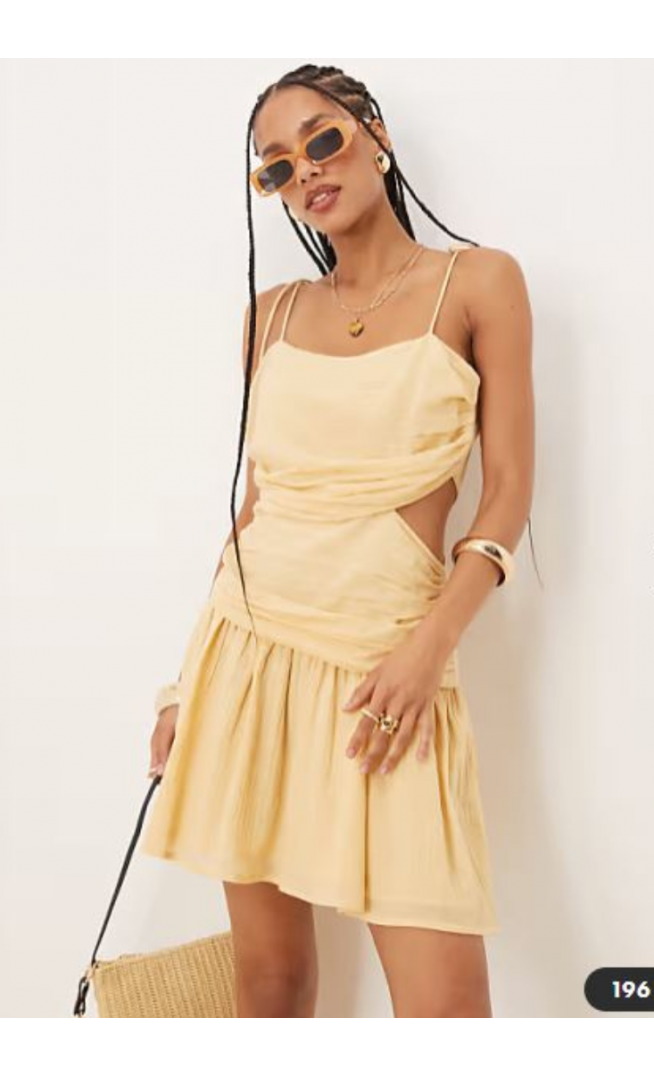 ASOS DESIGN crinkle cami mini dress with tie straps in sand