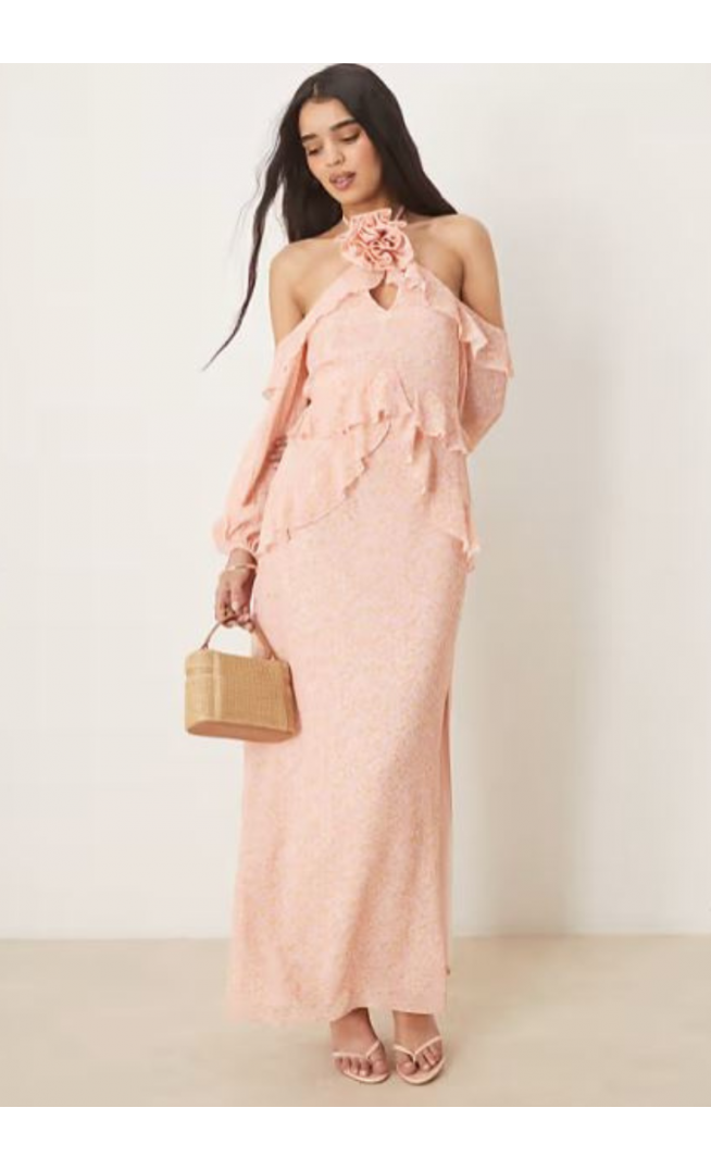 Pretty Lavish chiffon corsage ruffle maxi dress in pink ditsy floral