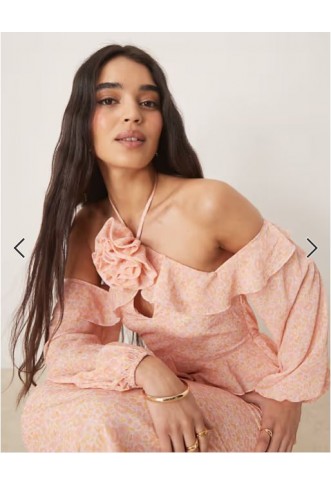 Pretty Lavish chiffon corsage ruffle maxi dress in pink ditsy floral
