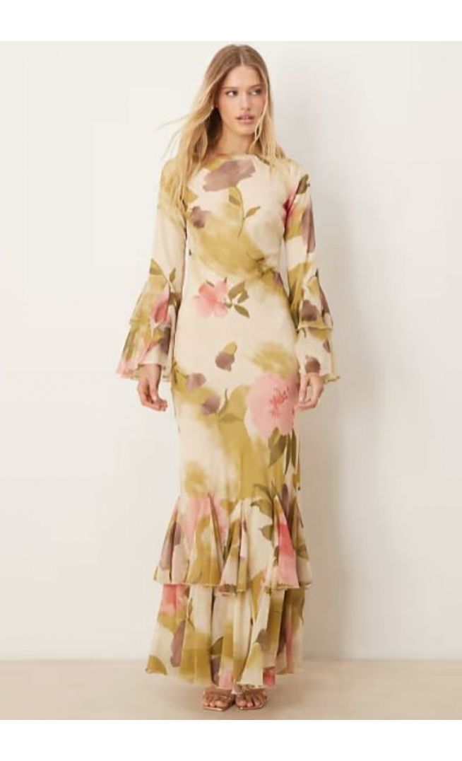ASOS DESIGN assymetric ruffle hem bias maxi dress in bold floral print