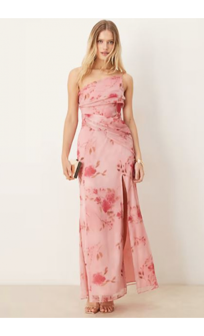 ASOS DESIGN one shoulder draped maxi dress in pink floral print