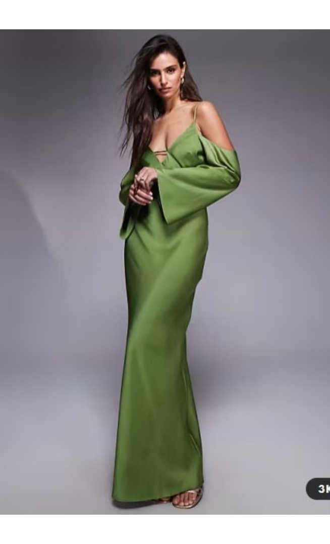 ASOS DESIGN satin long sleeve fallen shoulder cami midi dress in green