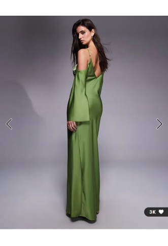 ASOS DESIGN satin long sleeve fallen shoulder cami midi dress in green