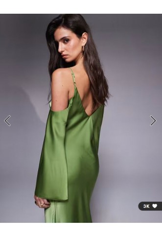 ASOS DESIGN satin long sleeve fallen shoulder cami midi dress in green