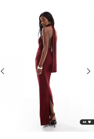 ASOS DESIGN mesh twist bust detail halter maxi dress with tie back neck in wine