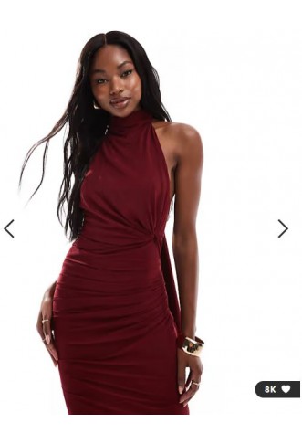 ASOS DESIGN mesh twist bust detail halter maxi dress with tie back neck in wine