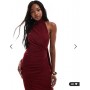 ASOS DESIGN mesh twist bust detail halter maxi dress with tie back neck in wine