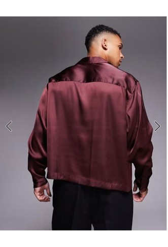 ASOS DESIGN boxy oversized overhead satin shirt in burgundy