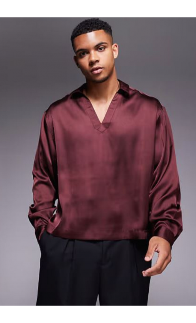 ASOS DESIGN boxy oversized overhead satin shirt in burgundy