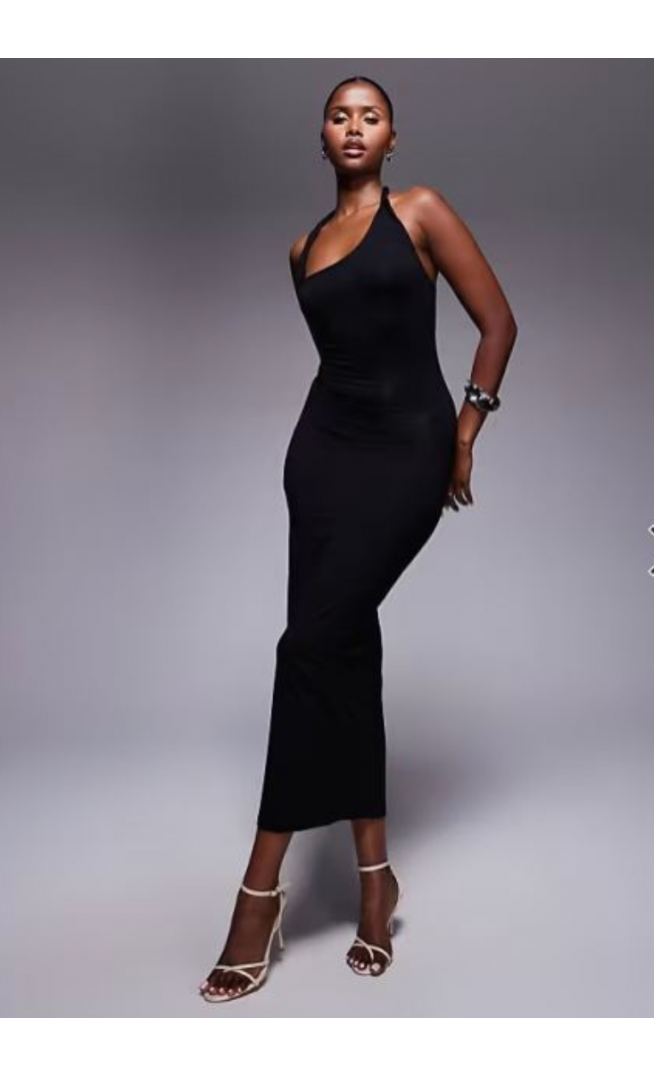 ASOS DESIGN twist asymmetric strap midi dress in black