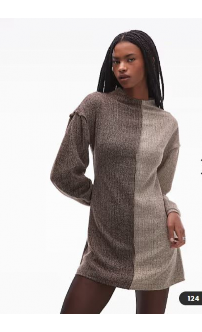 ASOS DESIGN long sleeve tweed mini dress in contrast brown colour