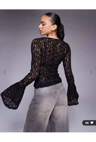 ASOS DESIGN sheer lace fluted cuff top in black