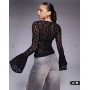 ASOS DESIGN sheer lace fluted cuff top in black