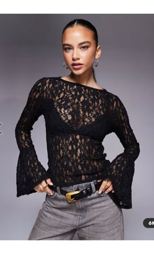 ASOS DESIGN sheer lace fluted cuff top in black