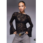 ASOS DESIGN sheer lace fluted cuff top in black