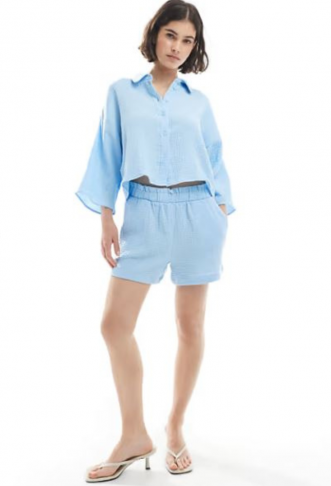 Vero Moda textured cropped shirt and shorts set in pastel blue