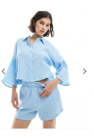 Vero Moda textured cropped shirt and shorts set in pastel blue