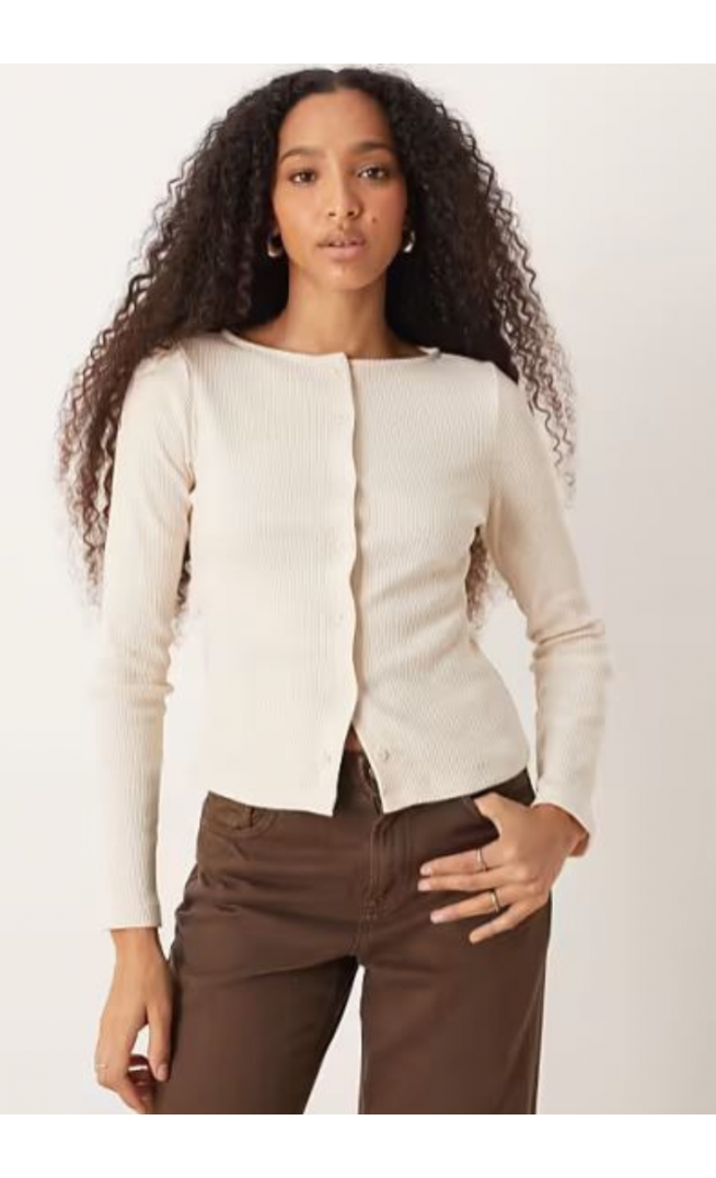 ASOS DESIGN wide neck rib cardigan in oatmeal