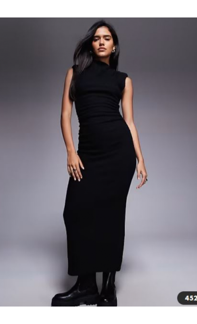 ASOS DESIGN boucle sleeveless shoulder pad ruched midi dress in black