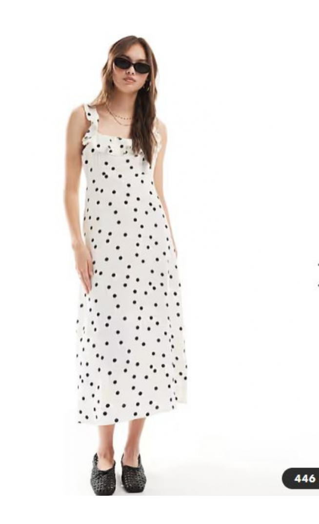 New Look ruffle sleeve cami midi dress in cream polka dot