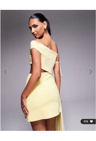 ASOS DESIGN off shoulder cut out mini dress with mesh drape in yellow