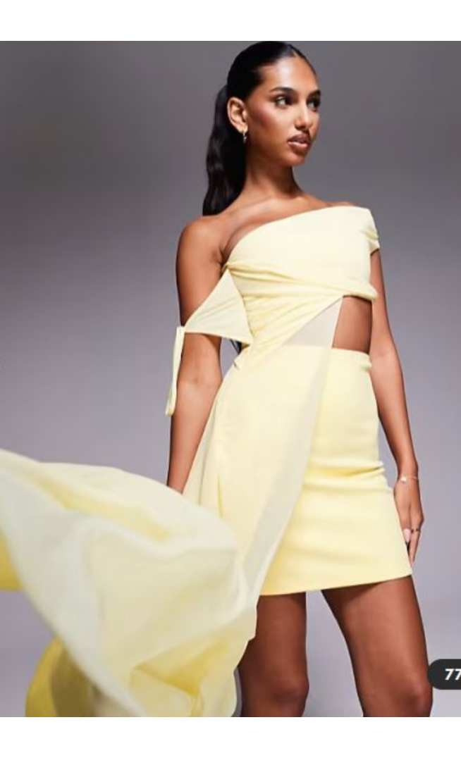 ASOS DESIGN off shoulder cut out mini dress with mesh drape in yellow