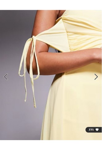 ASOS DESIGN off shoulder cut out mini dress with mesh drape in yellow