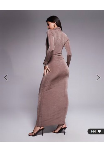 Aria Cove slinky high neck knot drape front maxi dress in mocha