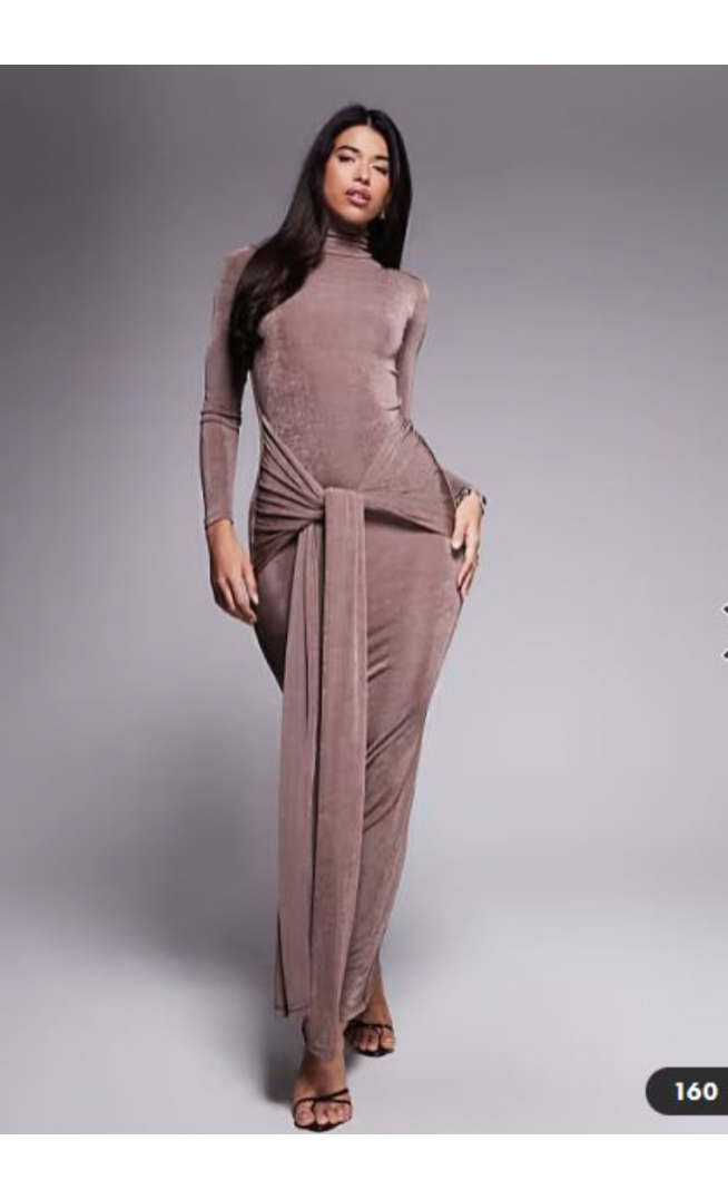 Aria Cove slinky high neck knot drape front maxi dress in mocha