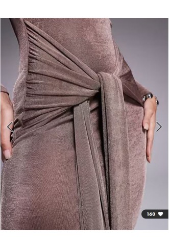 Aria Cove slinky high neck knot drape front maxi dress in mocha