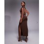 ASOS DESIGN high neck pleated midi dress in chocolate
