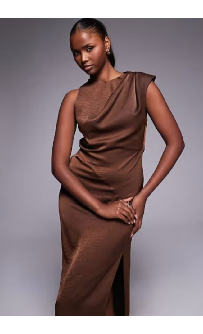 ASOS DESIGN high neck pleated midi dress in chocolate