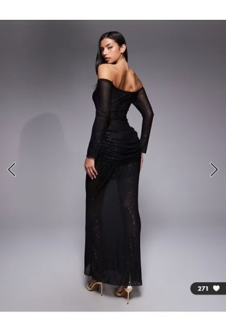 Fashionkilla glitter mesh long sleeve sheer insert ruched detail maxi dress in black