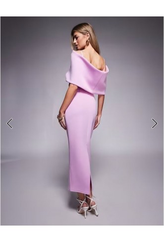 ASOS DESIGN deep bardot midi dress with cape back detail in lilac in scuba-style fabric