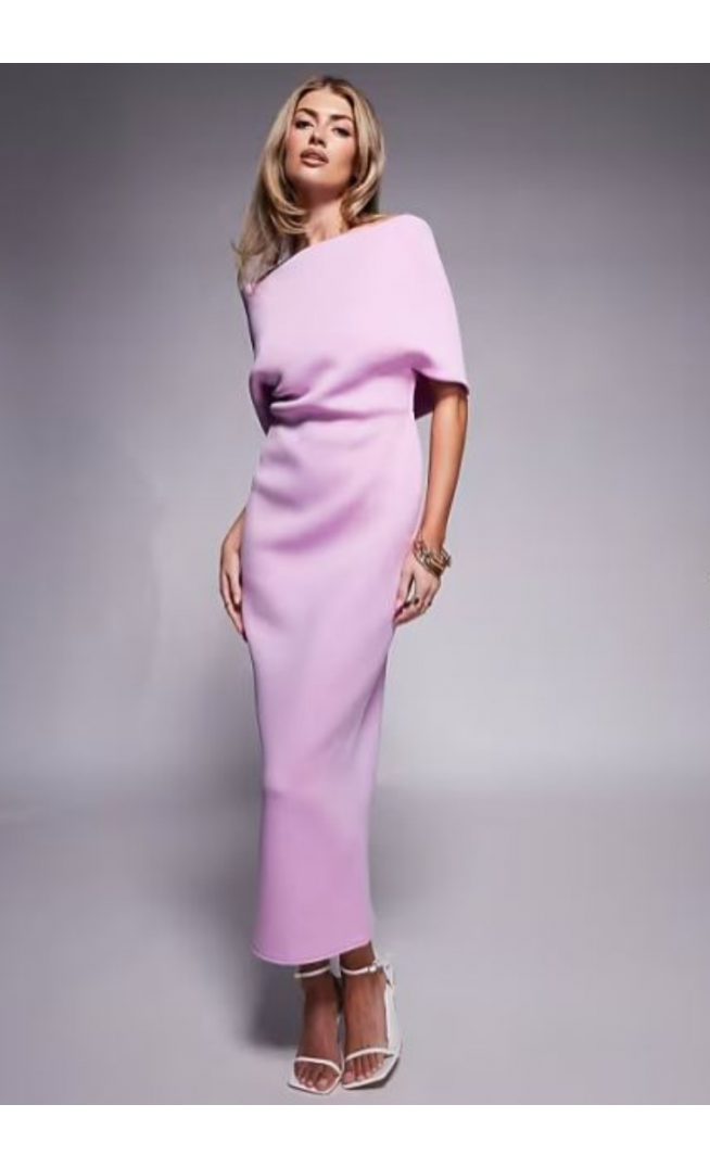 ASOS DESIGN deep bardot midi dress with cape back detail in lilac in scuba-style fabric