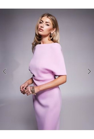 ASOS DESIGN deep bardot midi dress with cape back detail in lilac in scuba-style fabric