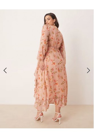 Vila Curve dobby wrap maxi dress with frill detail in rose floral print
