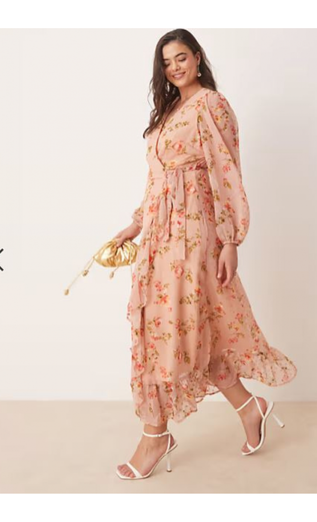 Vila Curve dobby wrap maxi dress with frill detail in rose floral print
