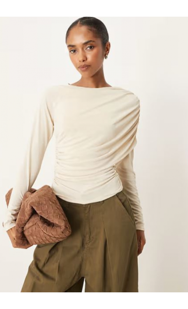 ASOS DESIGN modal wrap detail long sleeve tee in cream