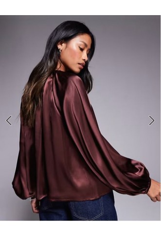 ASOS DESIGN volume sleeve satin blouse in chocolate