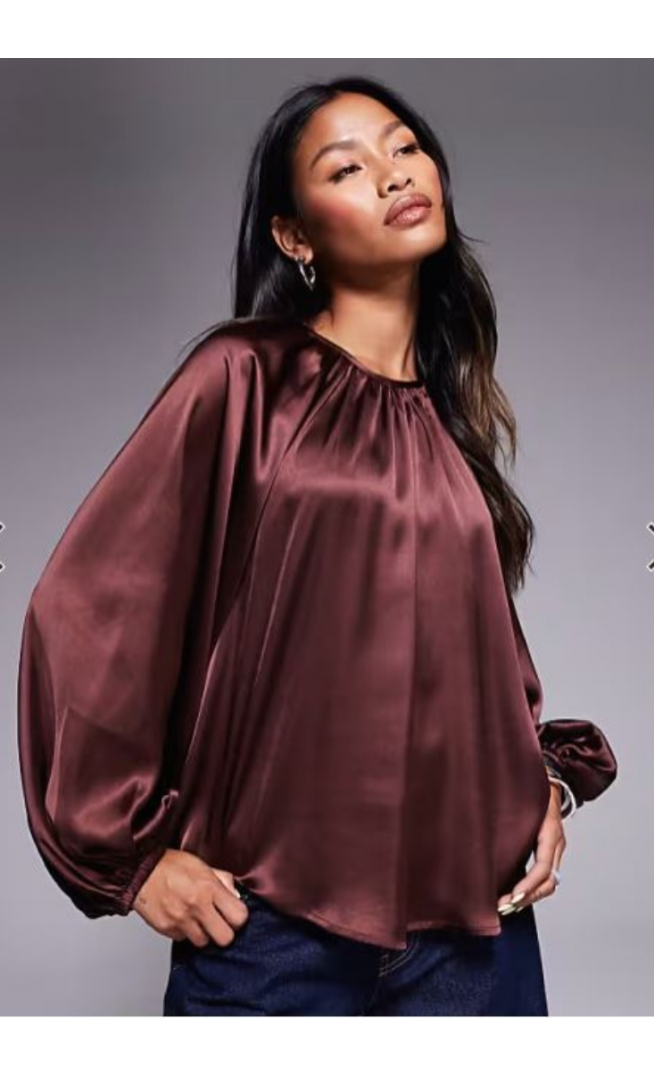ASOS DESIGN volume sleeve satin blouse in chocolate