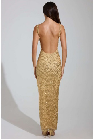 Embellished Scoop-Neck Thigh-Split Maxi Dress in Gold