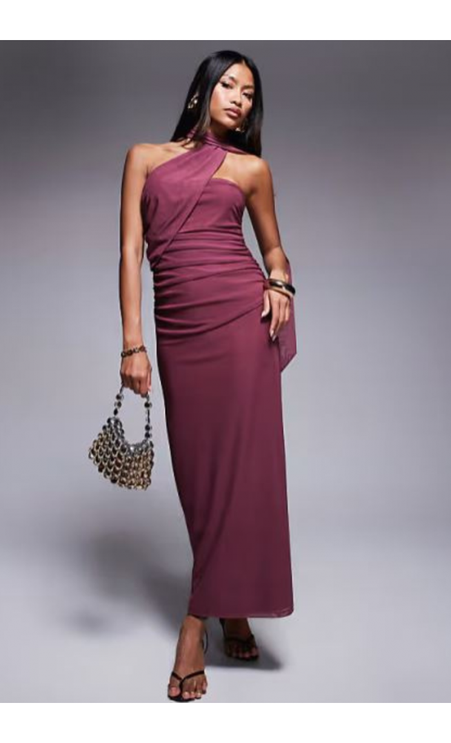 ASOS DESIGN bandeau mesh maxi dress with scarf detail in dusky pink