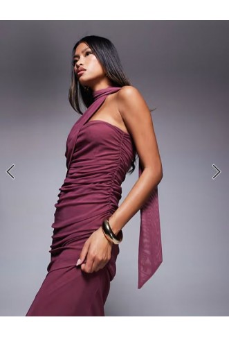 ASOS DESIGN bandeau mesh maxi dress with scarf detail in dusky pink