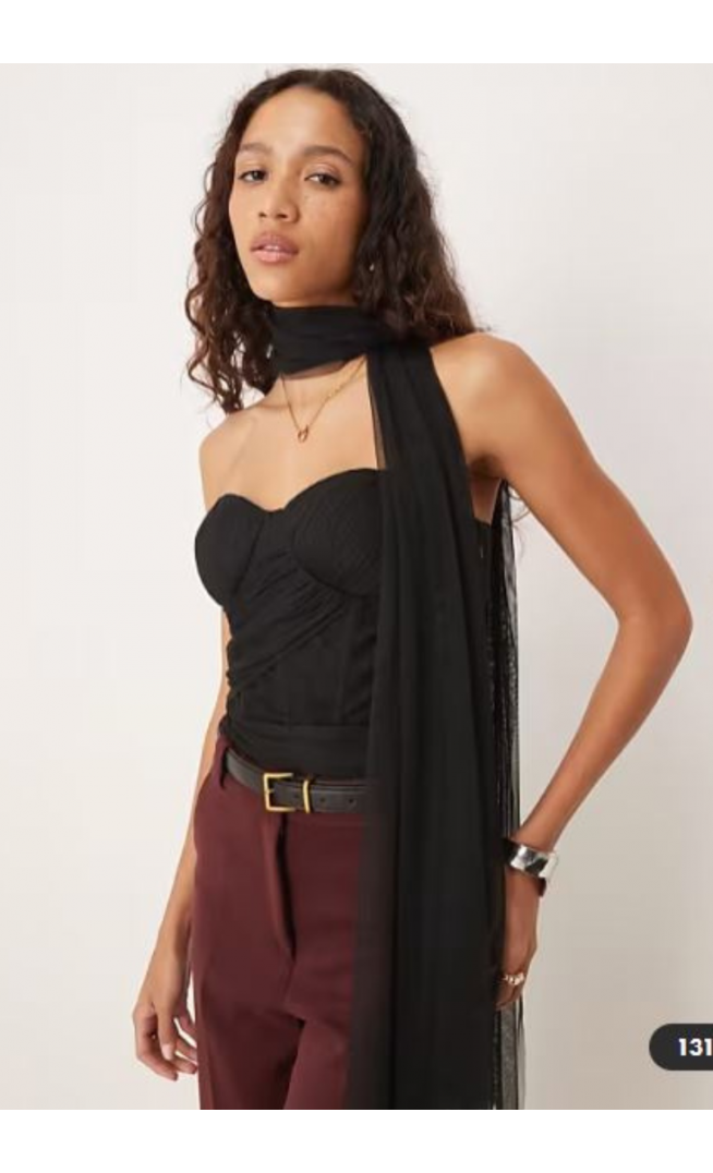 Lace & Beads scarf neck tulle corset bodysuit in black