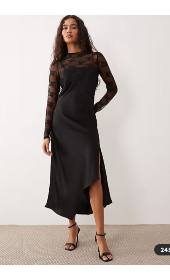 YAS hybrid high neck lace top and satin slip dress in black